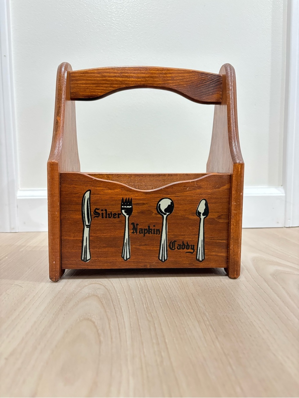 Vintage Wood Utensil Napkin Caddy Holder Wooden Family Picnic Farmhouse